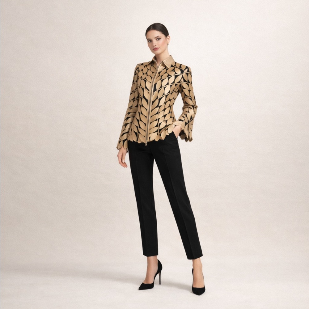 Gold metallic Tan Leather Jacket leaf black mesh
